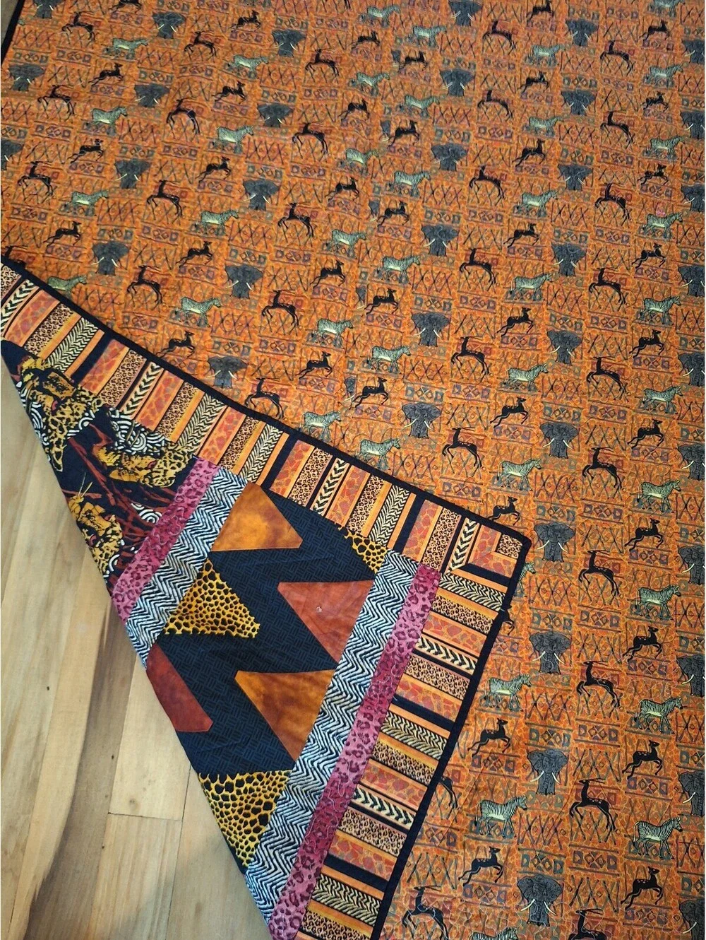 African quilt, hand made, leopard, zebra, elephants, lap size, 62